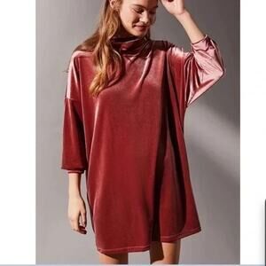 Urban Outfitters Evie Velour Rust Orange Long Sleeve Turtleneck Mini Dress Sz XS